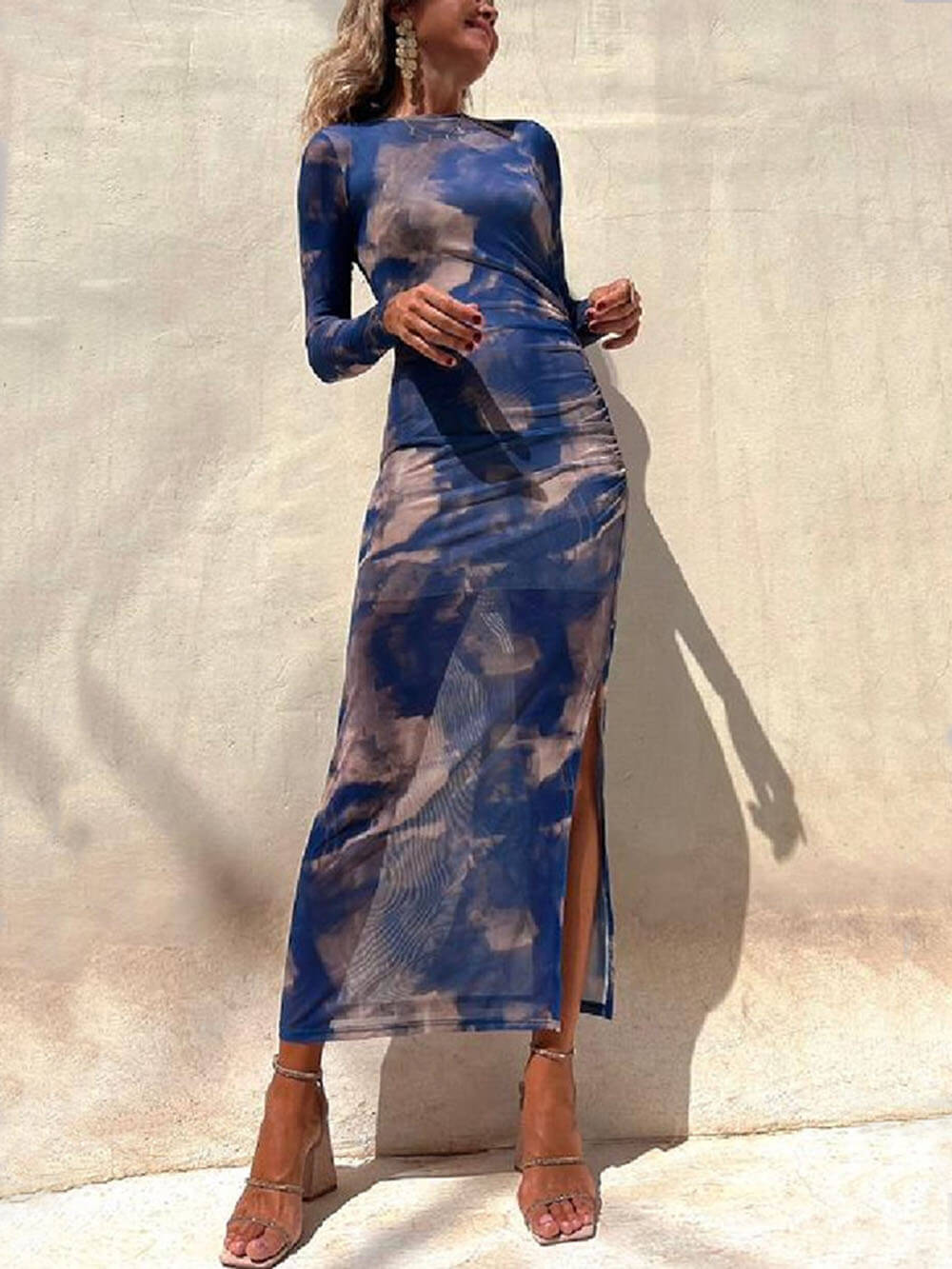 Charm Lady Mesh Overlay Tie Dye Print Long Sleeve Ruched Stretch Midi Dress