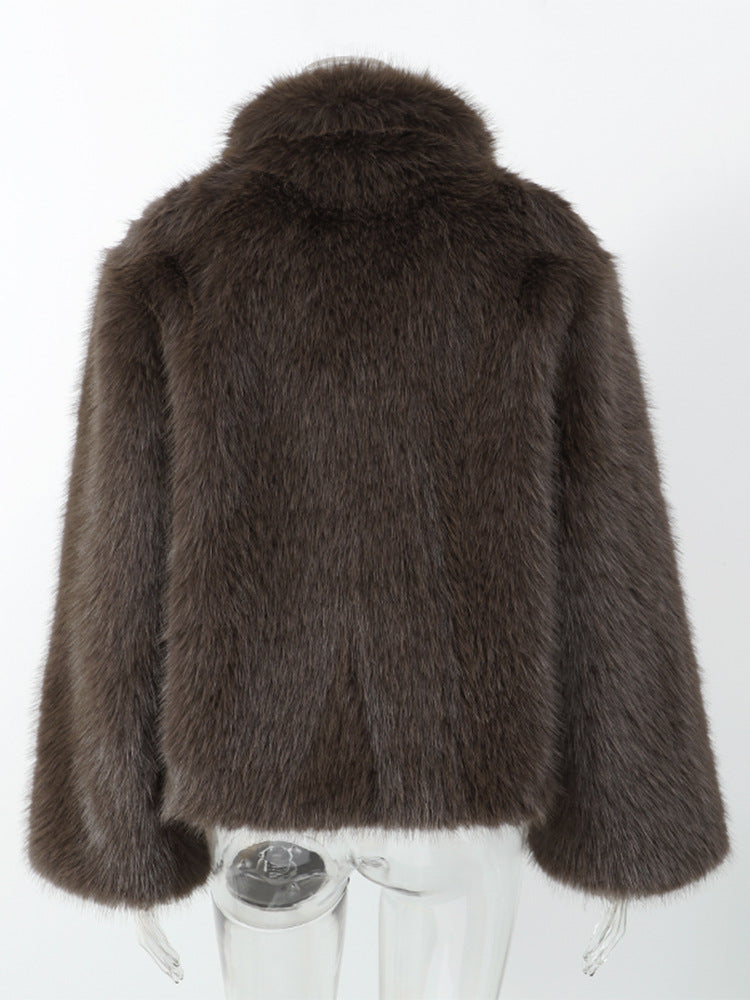 Plush coat with fur collar