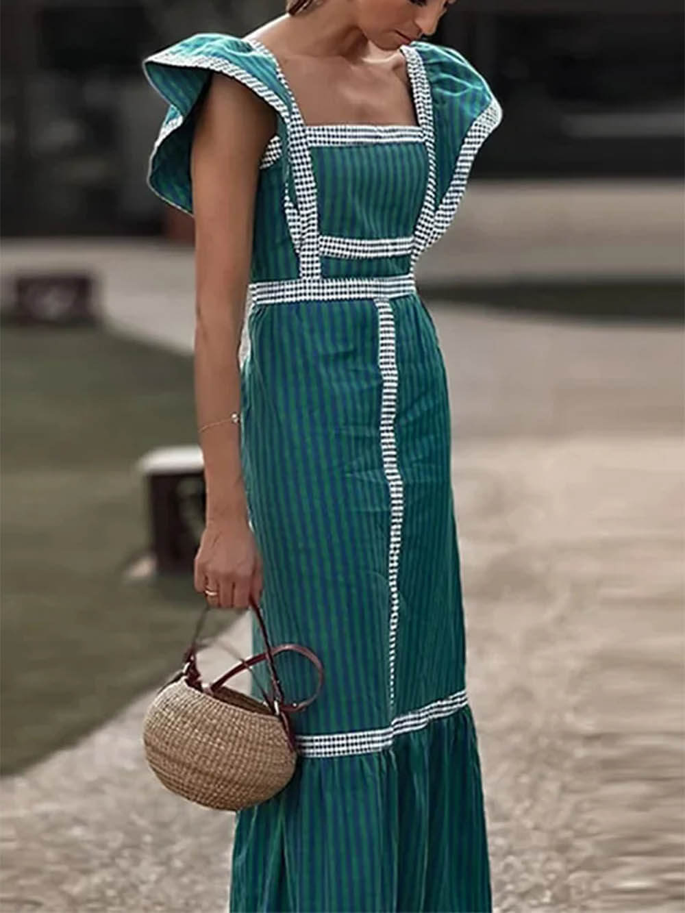 Contrast Paneled Sleeveless Square-neck Maxi Dress