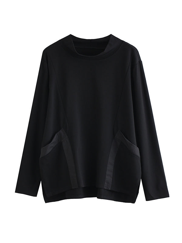 Casual Loose Long Sleeves Split-Joint Solid Color Stand Collar T-Shirts Tops