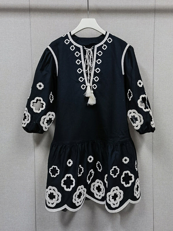 A-Line Loose Contrast Color Embroidered Floral Hollow Tied Round-Neck Mini Dresses