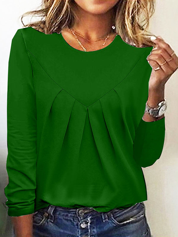 Long Sleeves Loose Pleated Solid Color Split-Joint Round-Neck T-Shirts Tops