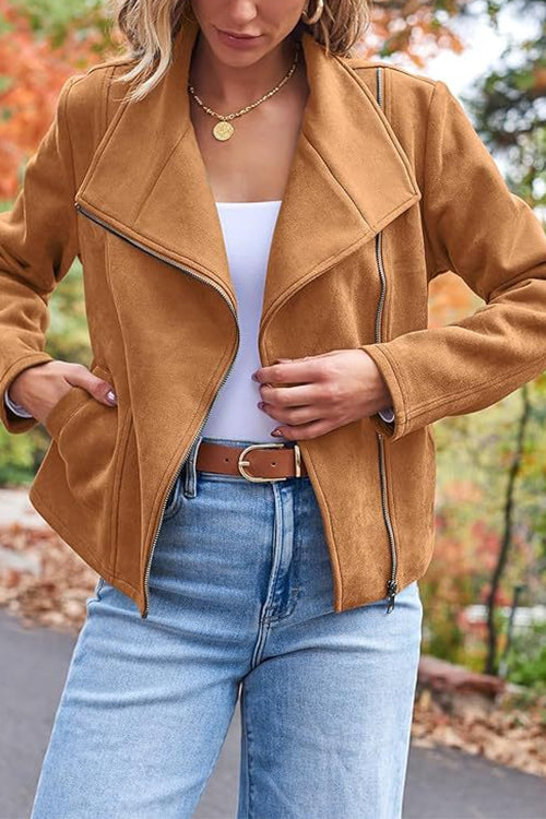 Zip Up Pocketed Faux Suede Moto Jacket