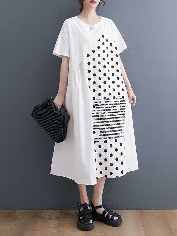 A-Line Loose Asymmetric Pockets Polka-Dot Split-Joint Round-Neck Midi Dresses