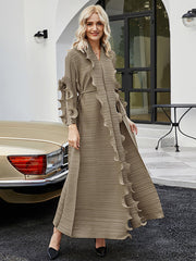 Original Loose Long Sleeves Tied Pleated Falbala Solid Color V-Neck Maxi Dresses