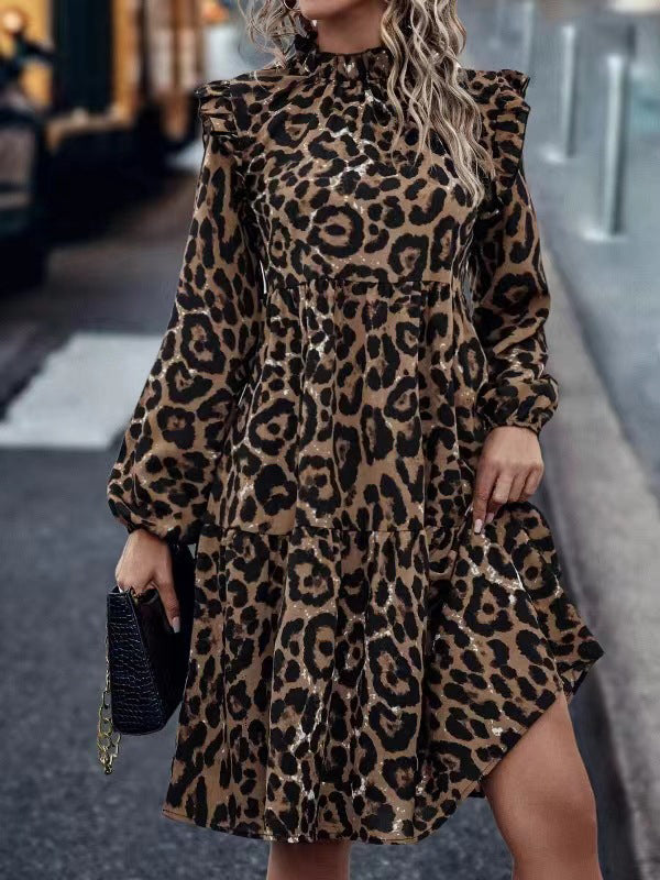 Loose Puff Sleeves Leopard Pleated Split-Joint Stand Collar Midi Dresses