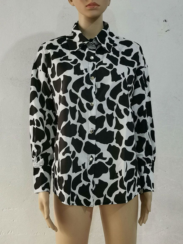 Long Sleeves Loose Contrast Color Printed Lapel Blouses