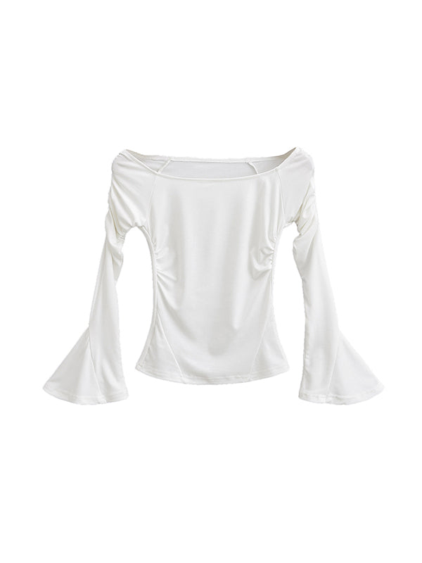 Flared Sleeves Long Sleeves Pleated Solid Color Boat Neck T-Shirts Tops