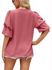 Solid Color Bubble Sleeved V-Neck Short Sleeved Top