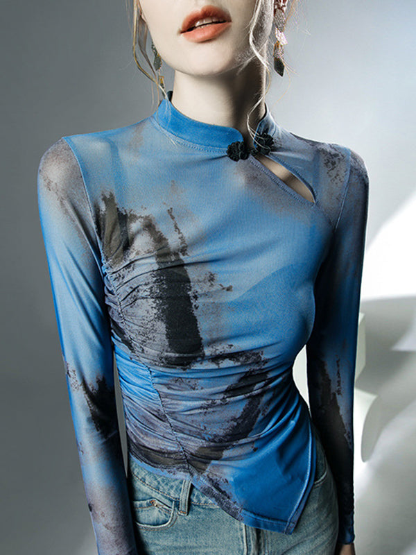 Long Sleeves Plus Size Asymmetric Hollow Mesh See-Through Wash Painting Mock Neck T-Shirts Tops