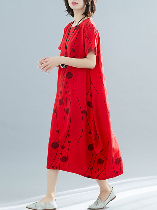 Loose Short Sleeves Printed Round-Neck Midi Dresses