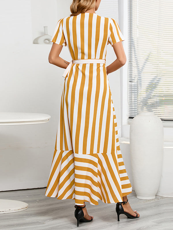 High-Low Loose Split-Joint Striped Tied V-Neck Maxi Dresses