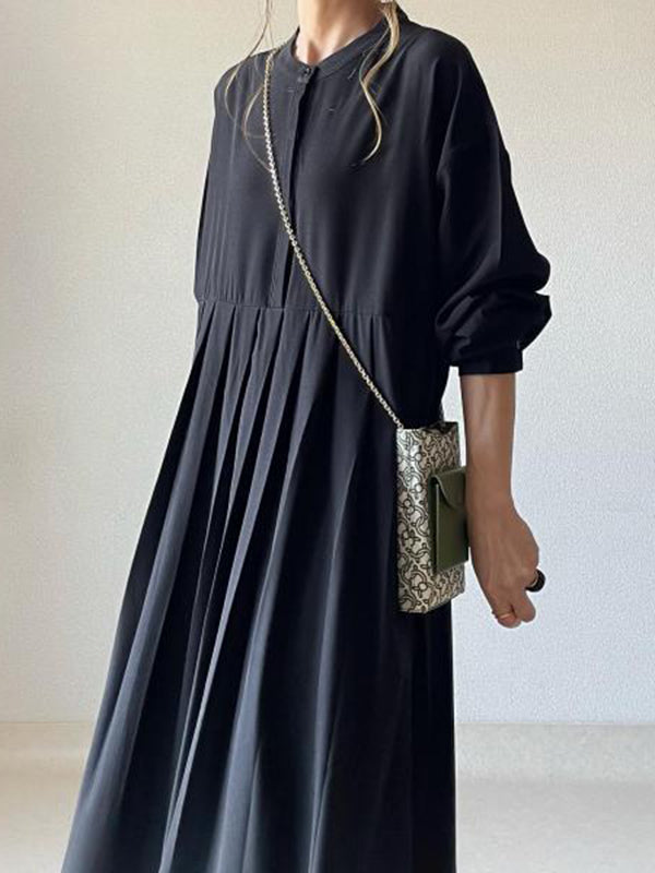 Long Sleeves Loose Pleated Solid Color Split-Joint Round-Neck Maxi Dresses Shirt Dress