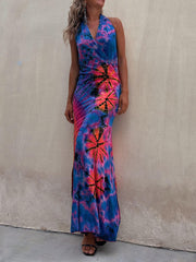 Tie-Dye Print Halter Backless Stretch Maxi Dress