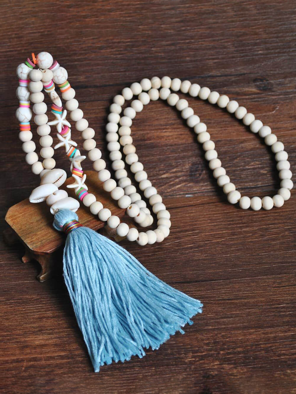 Handmade Wooden Beads Tassel and Peace Charm Pendant Long Necklace