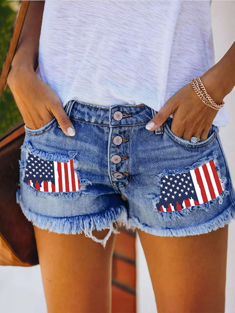 Casual Ripped Flag Print Fringed Denim Straight Shorts