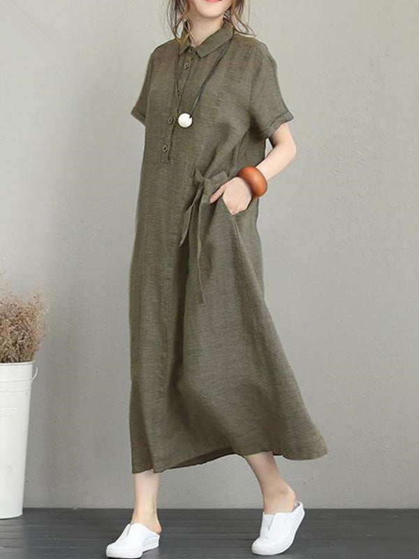 Original Cotton-Blend Lapel Solid Color Dress