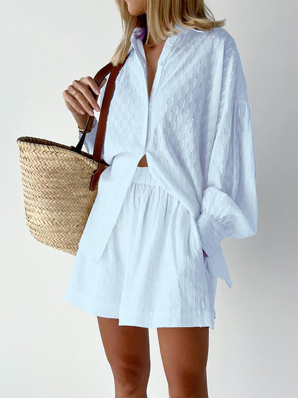 High-Low Long Sleeves Buttoned Jacquard Solid Color Lapel Shirts Top +Shorts Bottom Two Pieces Set