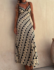 Exclusive Melody Satin Ethnic Print Smocked Back Midi Dress