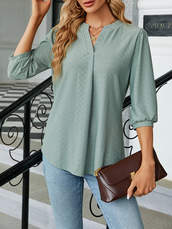 Loose Puff Sleeves Jacquard Pleated Solid Color Split-Joint V-Neck T-Shirts Tops