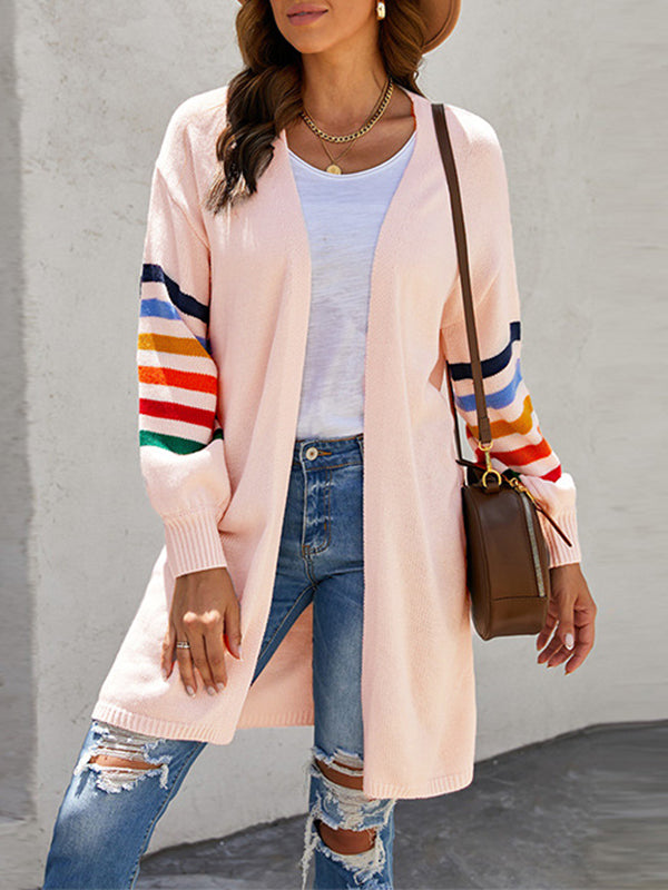 Long Sleeves Loose Colorful Contrast Color Striped Collarless Cardigan Tops