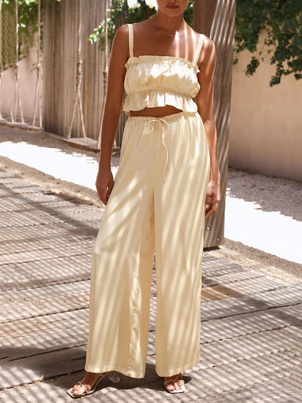 Elasticity Pleated Solid Color Spaghetti-Neck Tops + High Waisted Drawstring Pants Trousers Two Pieces Set