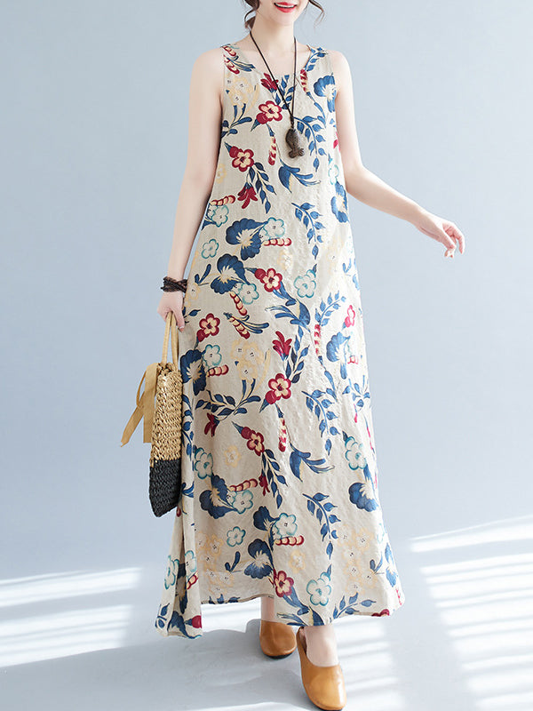 Loose Sleeveless Floral Printed Round-Neck Maxi Dresses