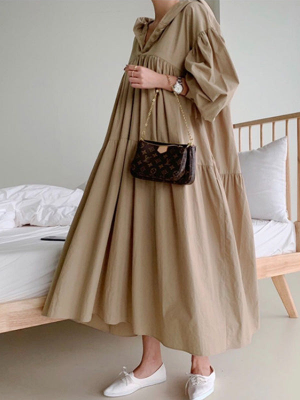 Urban Solid Color Pleated Long Sleeves Hooded Midi Dress