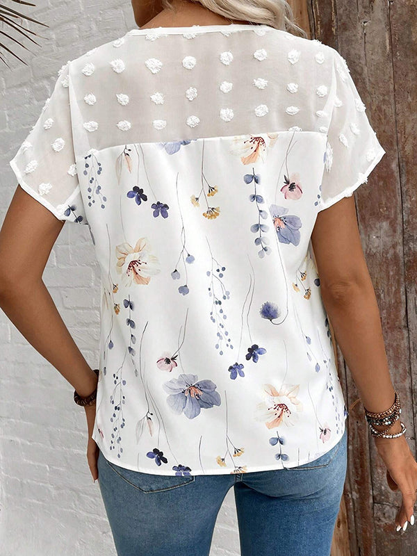 Loose Short Sleeves Flower Print Jacquard Split-Joint V-Neck T-Shirts Tops