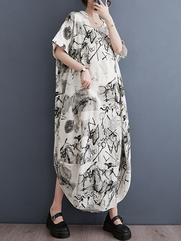 Irregular Clipping Loose Printed V-Neck Maxi Dresses