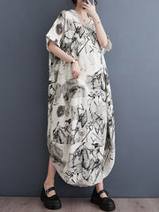 Irregular Clipping Loose Printed V-Neck Maxi Dresses