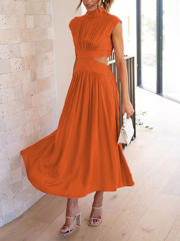 Cap Sleeve Belly-Hollow Pleated Solid Color Stand Collar Maxi Dresses