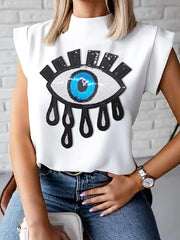 Cap Sleeve Loose Applique Embroidered Figure High-Neck T-Shirts Tops