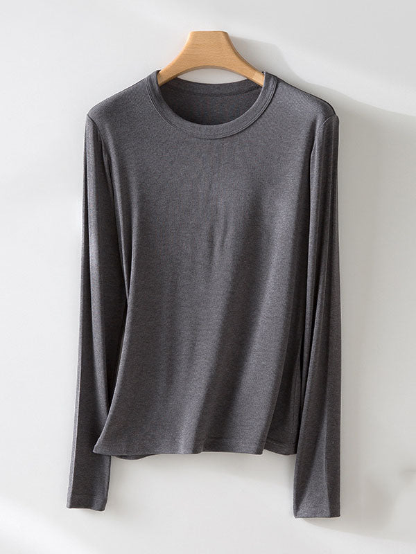 Long Sleeves Solid Color Round-Neck Skinny T-Shirts Tops