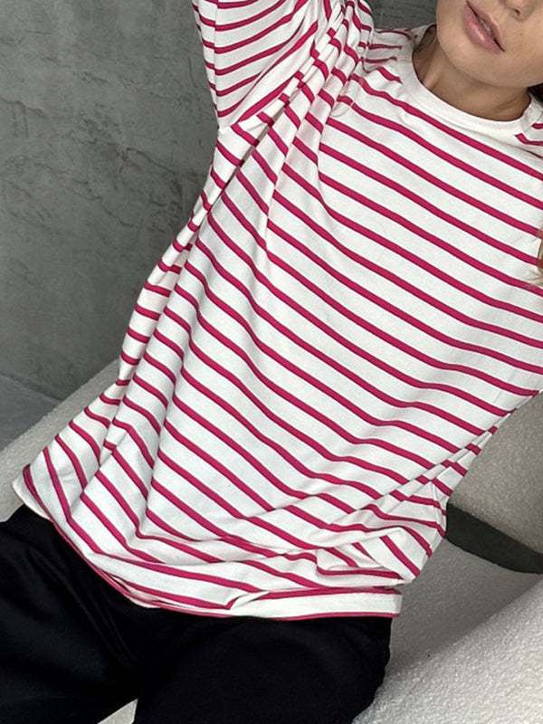 Long Sleeves Loose Striped Round-Neck T-Shirts Tops