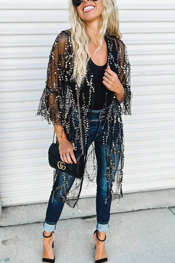 Here for The Party Draped Tassel Sequin Bell Sleeve Loose Kimono