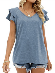 Casual Short Sleeves Falbala Solid Color V-Neck T-Shirts Tops