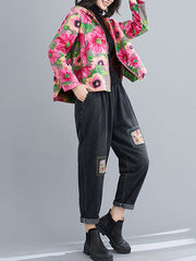 Artistic Retro Velvet Floral Printed Zipper Hooded Long Sleeves Outwear