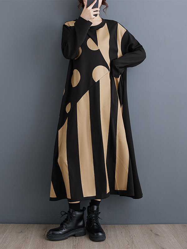 A-Line Long Sleeves Asymmetric Polka-Dot Split-Joint Striped Round-Neck Midi Dresses