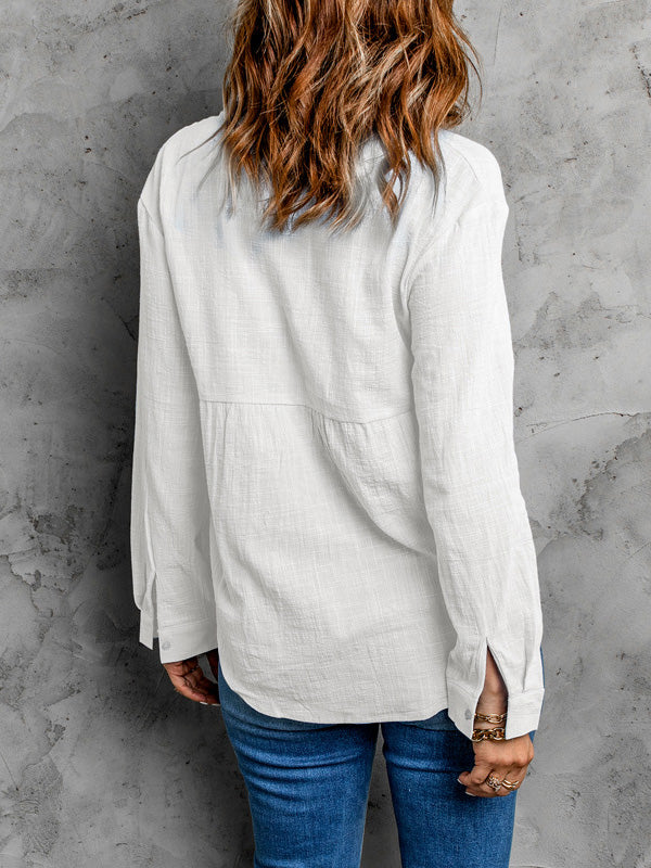 Casual Long Sleeves Loose Solid Color Lapel Collar Blouses