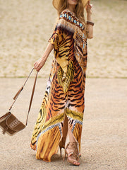 Batwing Sleeves Loose Printed Split-Side Tiger Skin Pattern V-Neck Beach Cover-Up Maxi Dresses