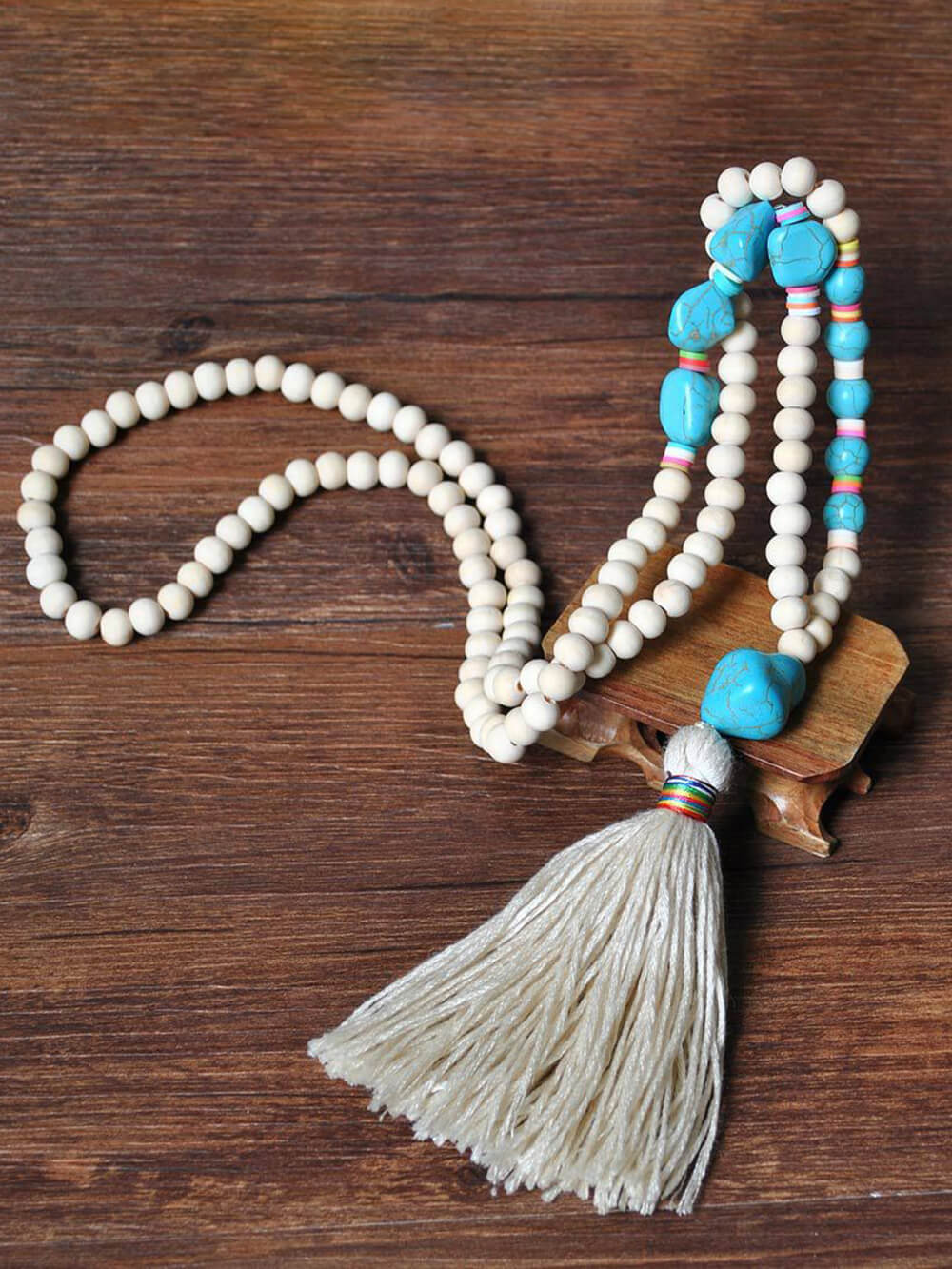 Handmade Wooden Beads Tassel and Peace Charm Pendant Long Necklace