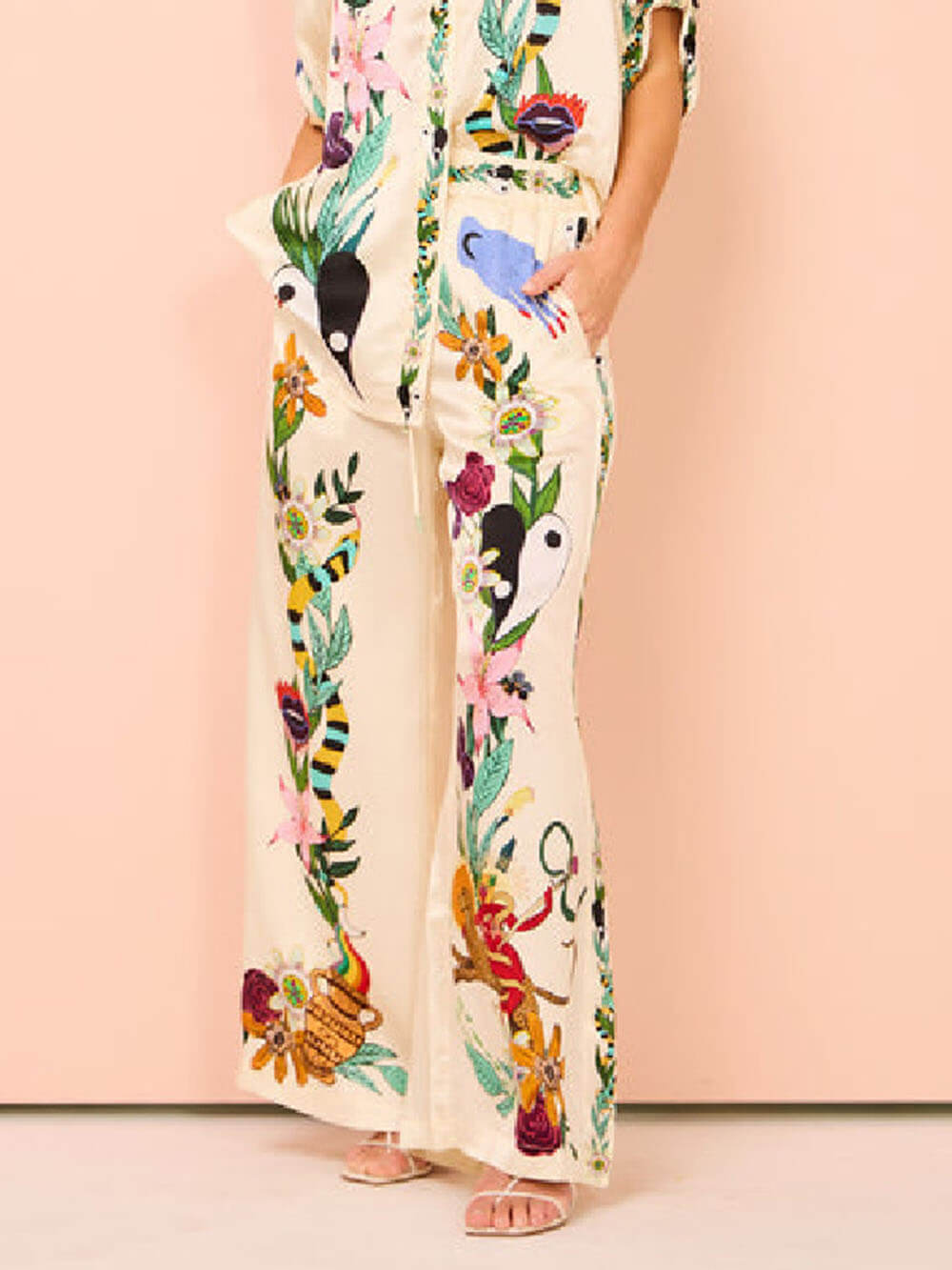 Satin Unique Print Elastic Waist Pocketed Wide Leg Pants