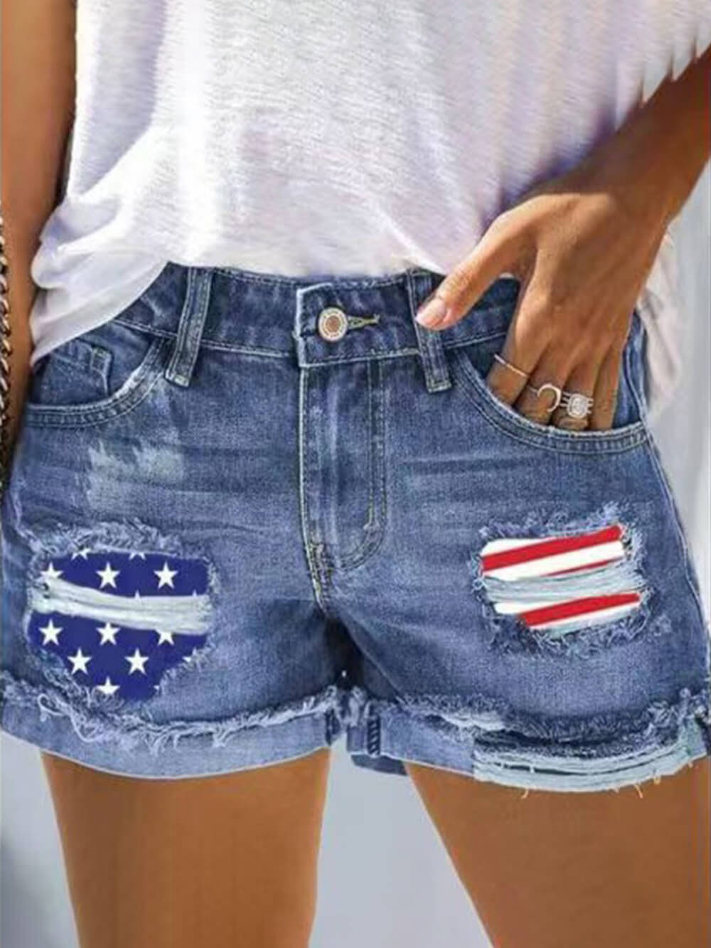 Flag Cuffed Ripped Straight Denim Shorts