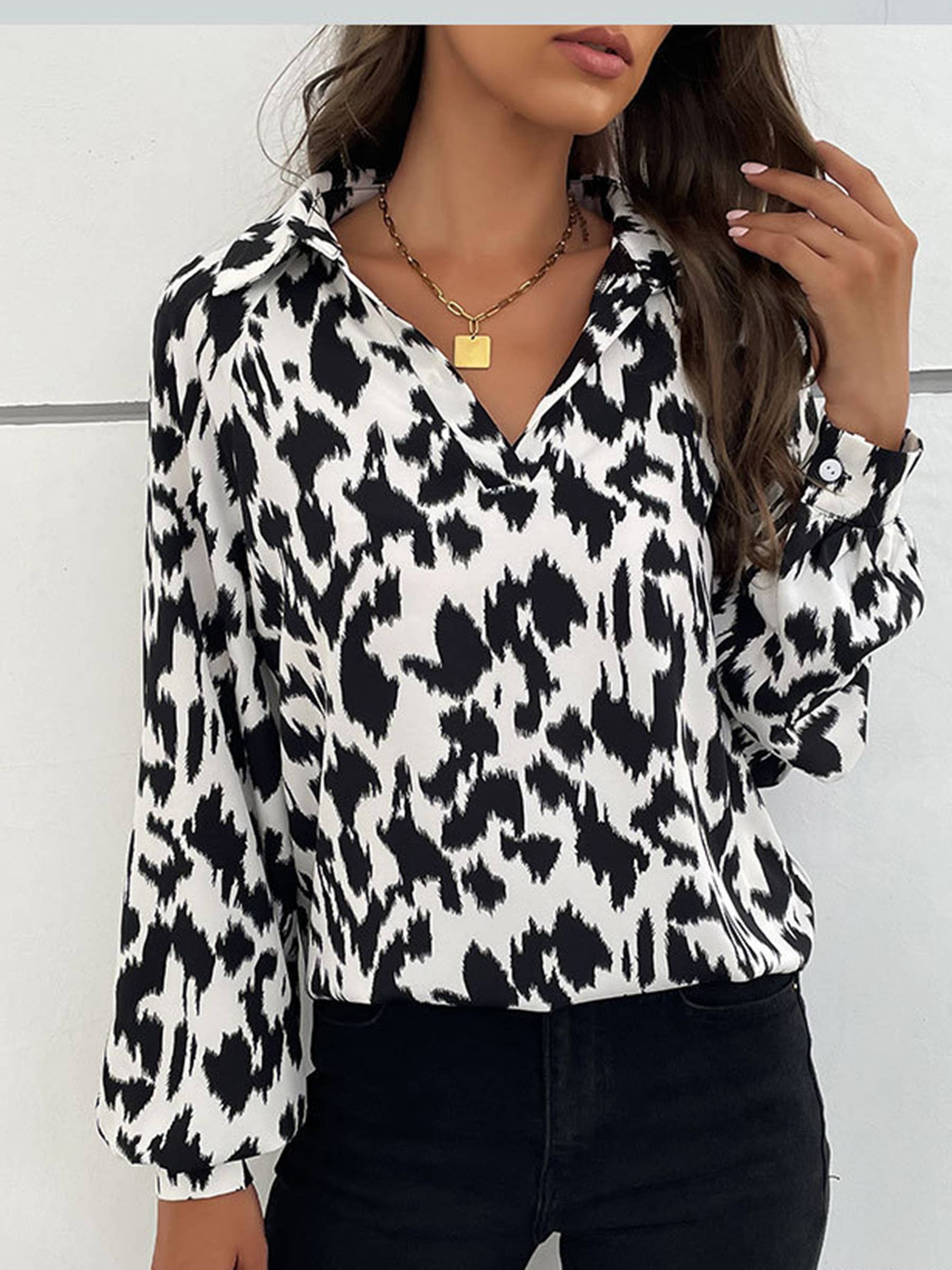 Lapel Long Sleeve Leopard Pattern Shirt For Women