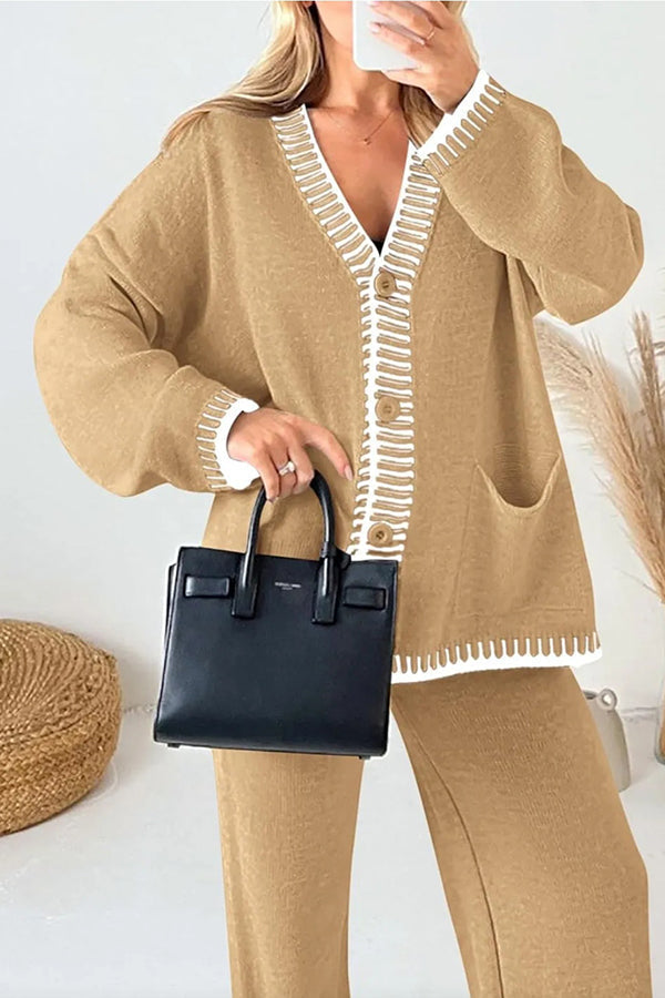 Fashion Casual Knitted Long Sleeve Pocket Cardigan and Elastic Waist Loose Wide Leg Pants Set