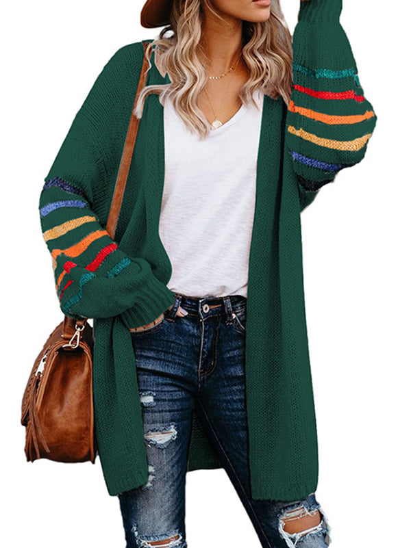 Long Sleeves Loose Colorful Contrast Color Striped Collarless Cardigan Tops