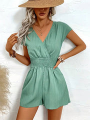 Loose Raglan Sleeve Elasticity Pleated Solid Color Split-Joint V-Neck Rompers