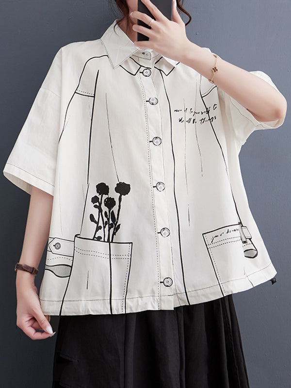 Loose Short Sleeves Contrast Color Printed Split-Joint Lapel Blouses