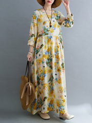 Long Sleeves Loose Flower Print Split-Joint Round-Neck Midi Dresses